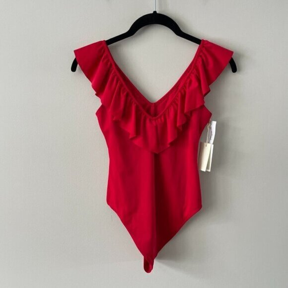 Wilfred Danette Summer Sleeveless Pull On Ruffles V-Neck Bodysuit Red 2XS NEW - Picture 3 of 7